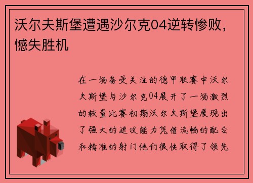沃尔夫斯堡遭遇沙尔克04逆转惨败，憾失胜机